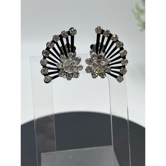 Coro Vintage Signed Rhinestone Clip-On Fan Silver Tone Black Crystal Earrings - Picture 5 of 16